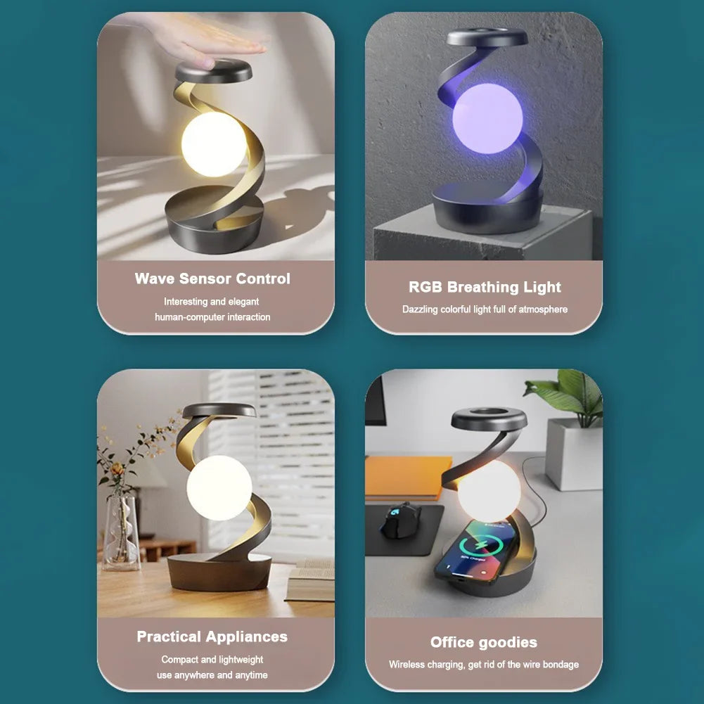 Levitating 3D LED Moon Lamp with RGB Lighting & Wireless Phone Charger – Floating Spinning Moon Table Lamp