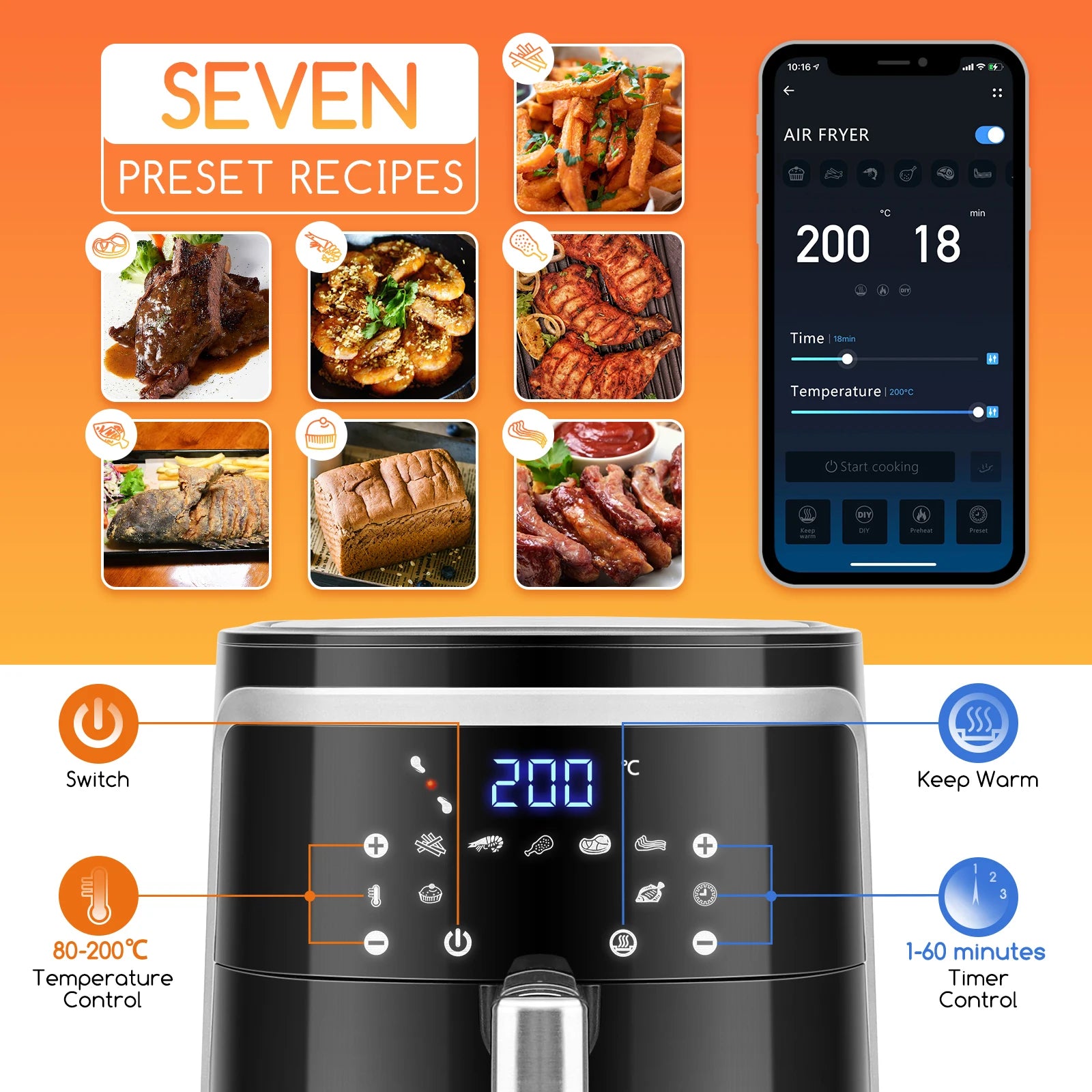 7L Smart Air Fryer - WiFi Control and LED Touch Panel